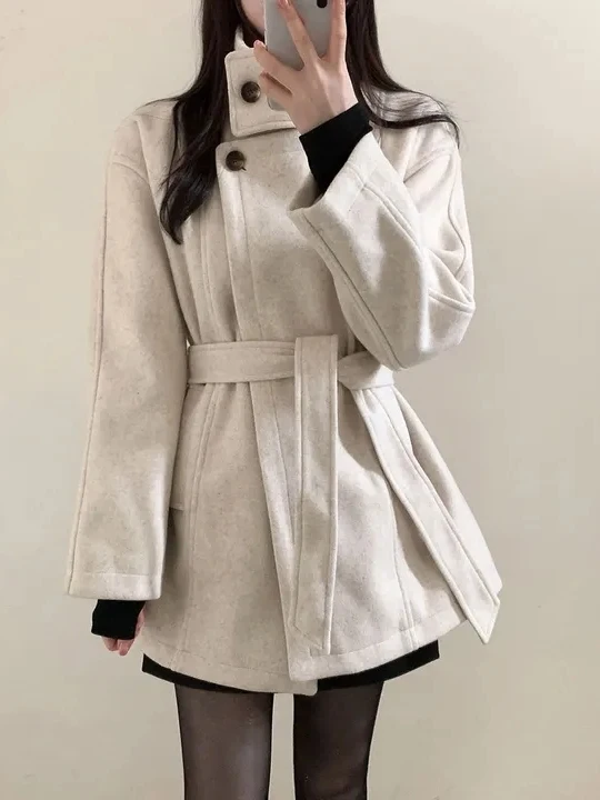 

Retro High Collar Briti Sle Belted Waistcoat Women's Winter New Medium Length Coat Overcoat Outerwear Woolen Coat