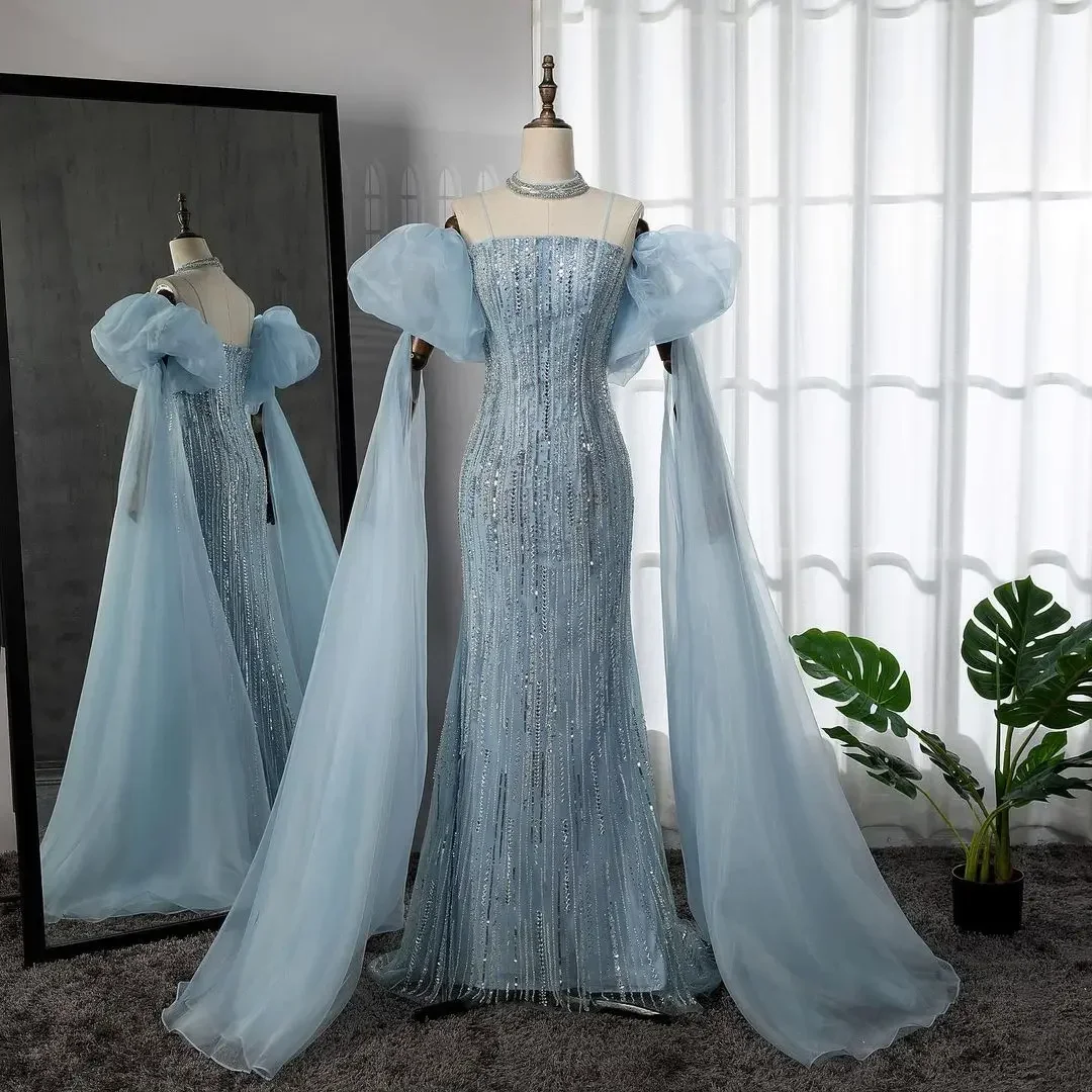 SERENE HILL Customized 2025 Blue Strapless Mermaid Puffy Sleeves Beaded Evening Dresses Party Gown For Formal Occasions GLA71823