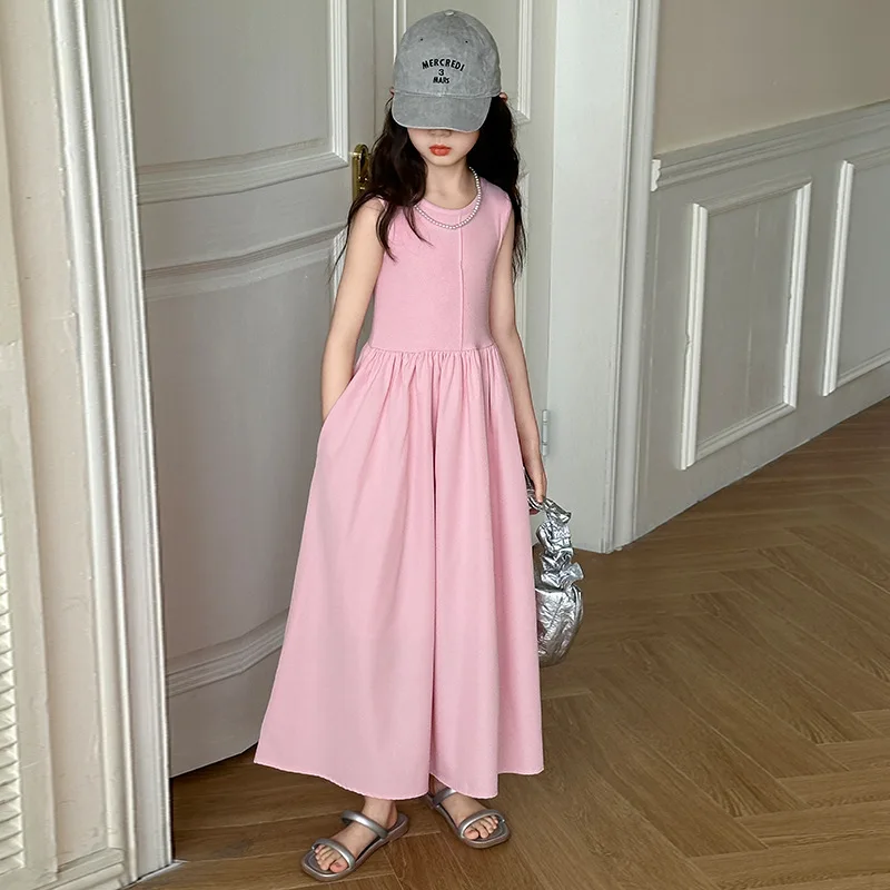 

Летнее длинное платье для маленьких девочек, детское однотонное розовое платье принцессы, жилет, платья, детская одежда, подростковые платья для детей от 6 до 16 лет