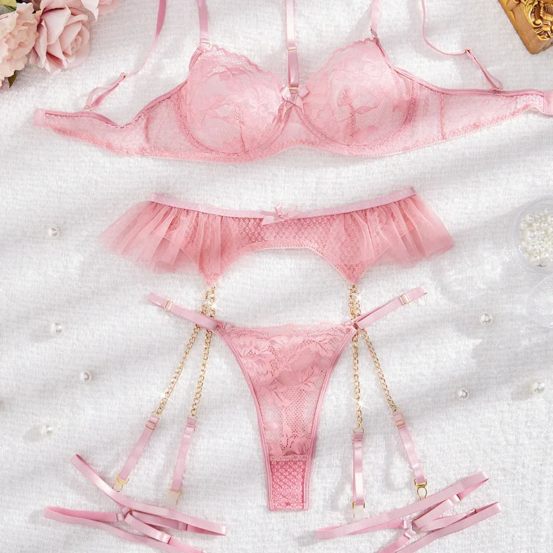 

Кавайное розовое сексуальное прозрачное эротическое нижнее белье комплект из четырех предметов Y2k для девушек с металлической цепочкой на шею