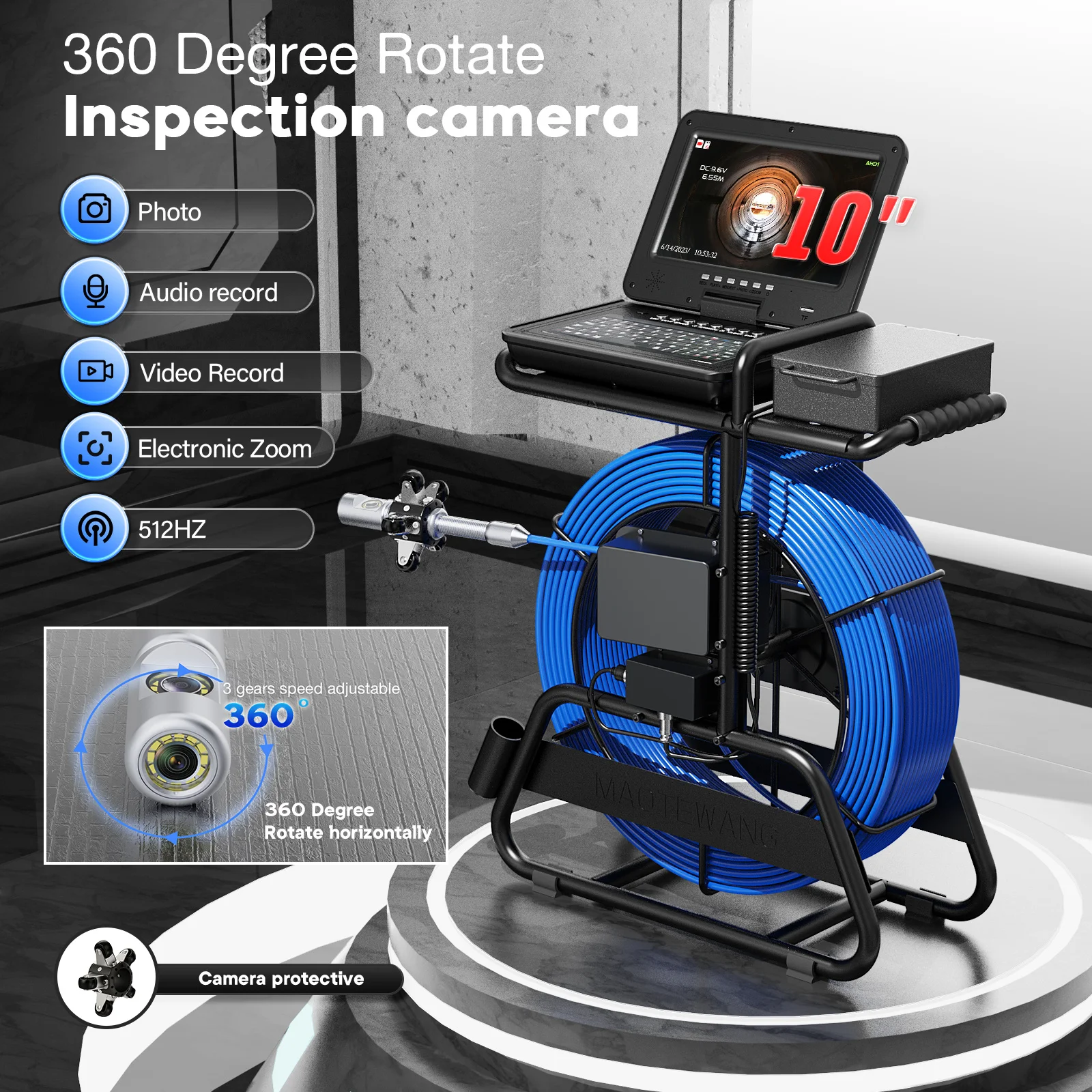 360 Degrees Sewer Camera 512Hz Self-Leveling 7mm Diameter Cable Sewer Inspection Camera 10.1