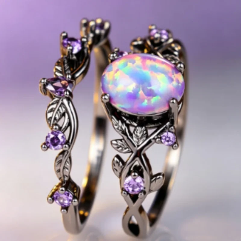 2026 New European and American Retro Vine Leaf Australian Treasure Set Ring Elegant Dark Style Purple Two-piece Set Accessory