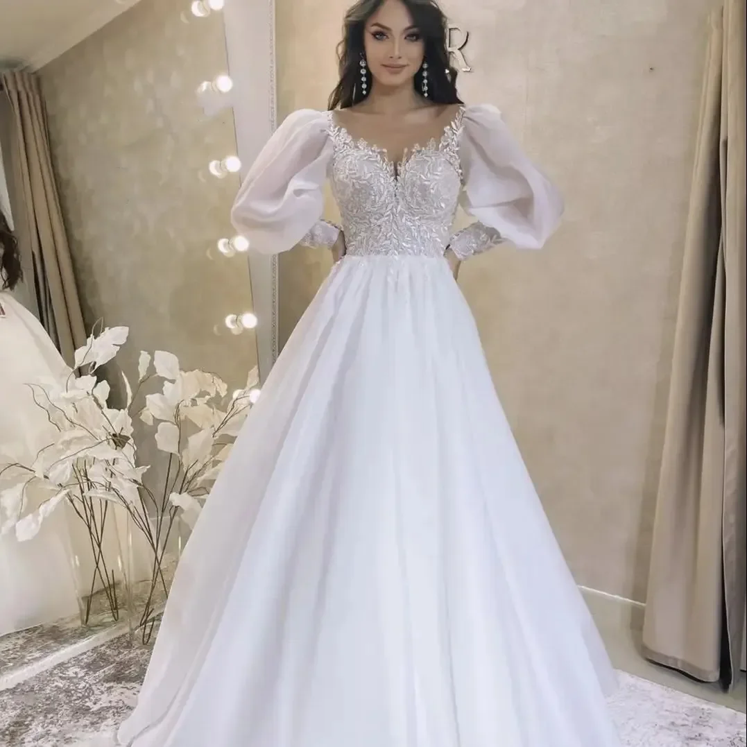 Vestido de novia de lujo para mujer, calcomanía con cuello en V, manga larga, acampanada, longitud hasta el suelo, elegante, simple, romántico, playa, fiesta nupcial