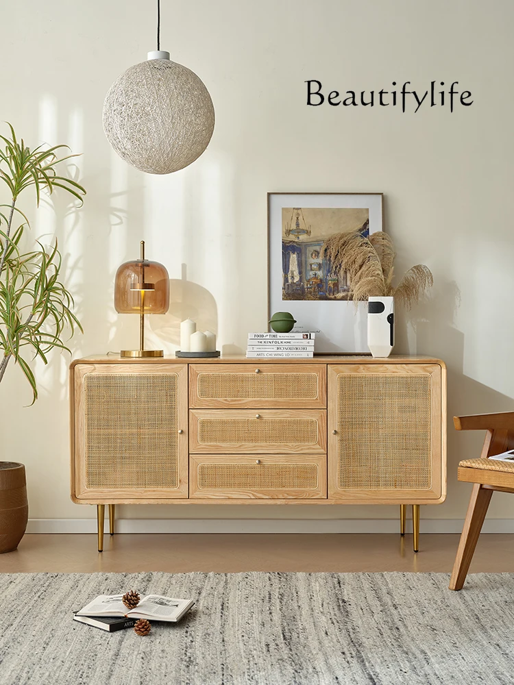 

Nordic Style Solid Wood Sideboard Rattan Simple Storage Cabinet