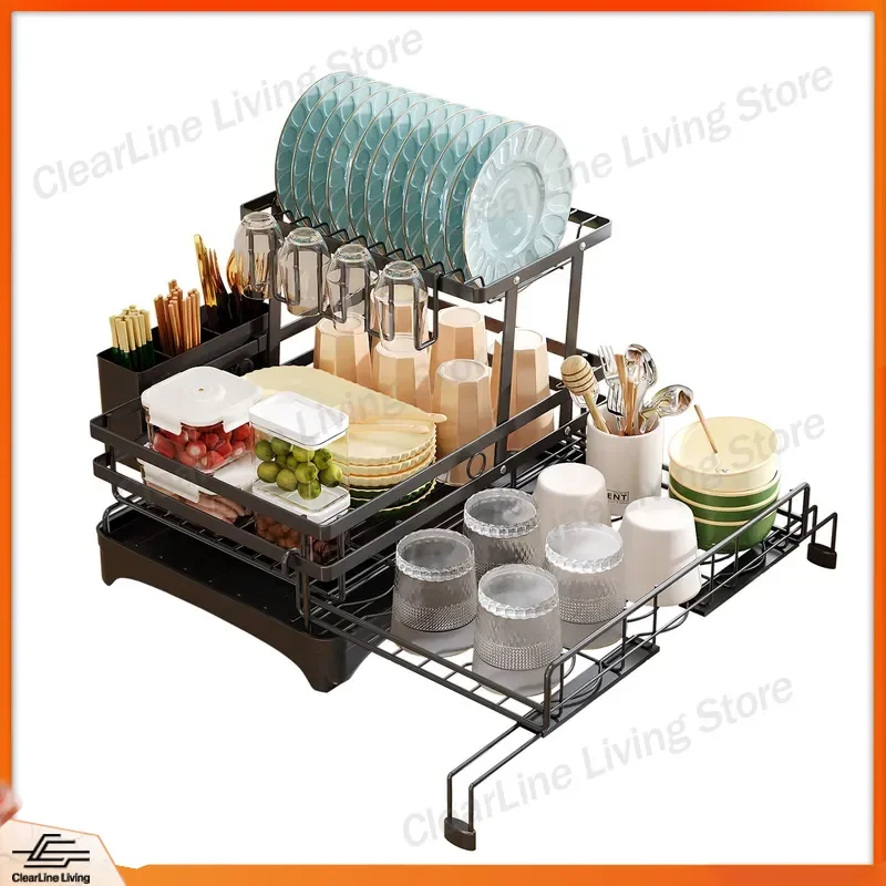 Multifunctional Dish Storage Rack for Kitchen Sink Countertop Chopsticks Plate Drain Organizer Double Layer Foldable view 6
