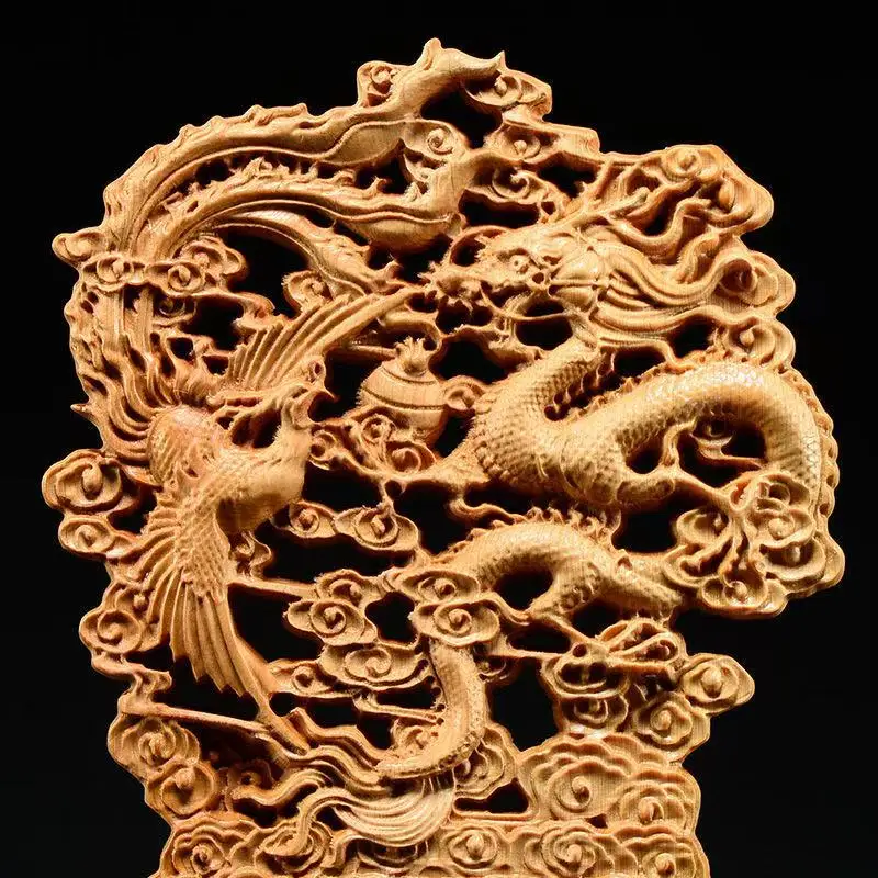 

Высокая 23-сантиметровая полая деревянная скульптура дракона и феникса с резьбой, декоративное украшение