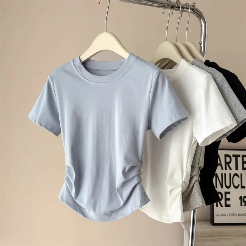 Women's Slim Fit ort Sve T-irt Summer New Sle Korean Version Pure Desire Waist Cinched Pleated Top GIMA Commute Sle