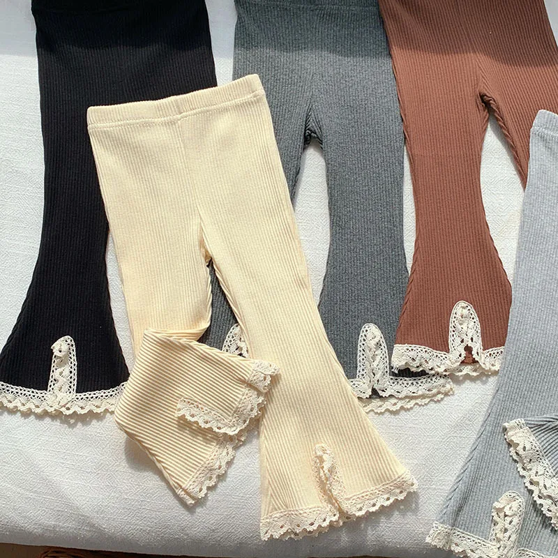 2-8T Toddler Kid Baby Girl Flare Pant Autumn Clothes Lace Slit Bell-bottoms Elegant Infant Plain Trousers Outfit