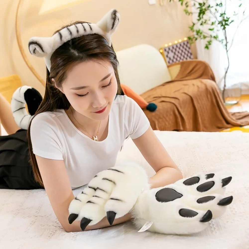 Lindos guantes de pata de tigre de imitación, diseño a rayas, textura esponjosa, Interior acolchado de animales, calentadores de manos suaves, accesorios para disfraz de Cosplay