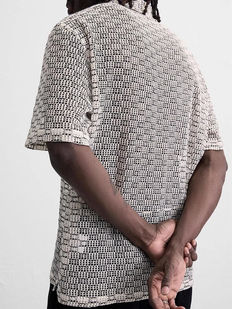 

Summer 2025 Men's Casual Loose Texture Hollow out ort Sve irt Versatile American Sle Regular Fit Single Button Plaid