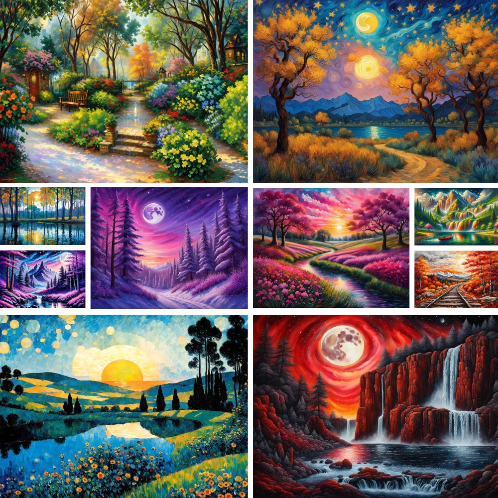 Landscape Fantasy Nature Printed Canvas Cross-Stitch Set Embroidery Handmade Hobby Painting Knitting Different Room Decor Mulina