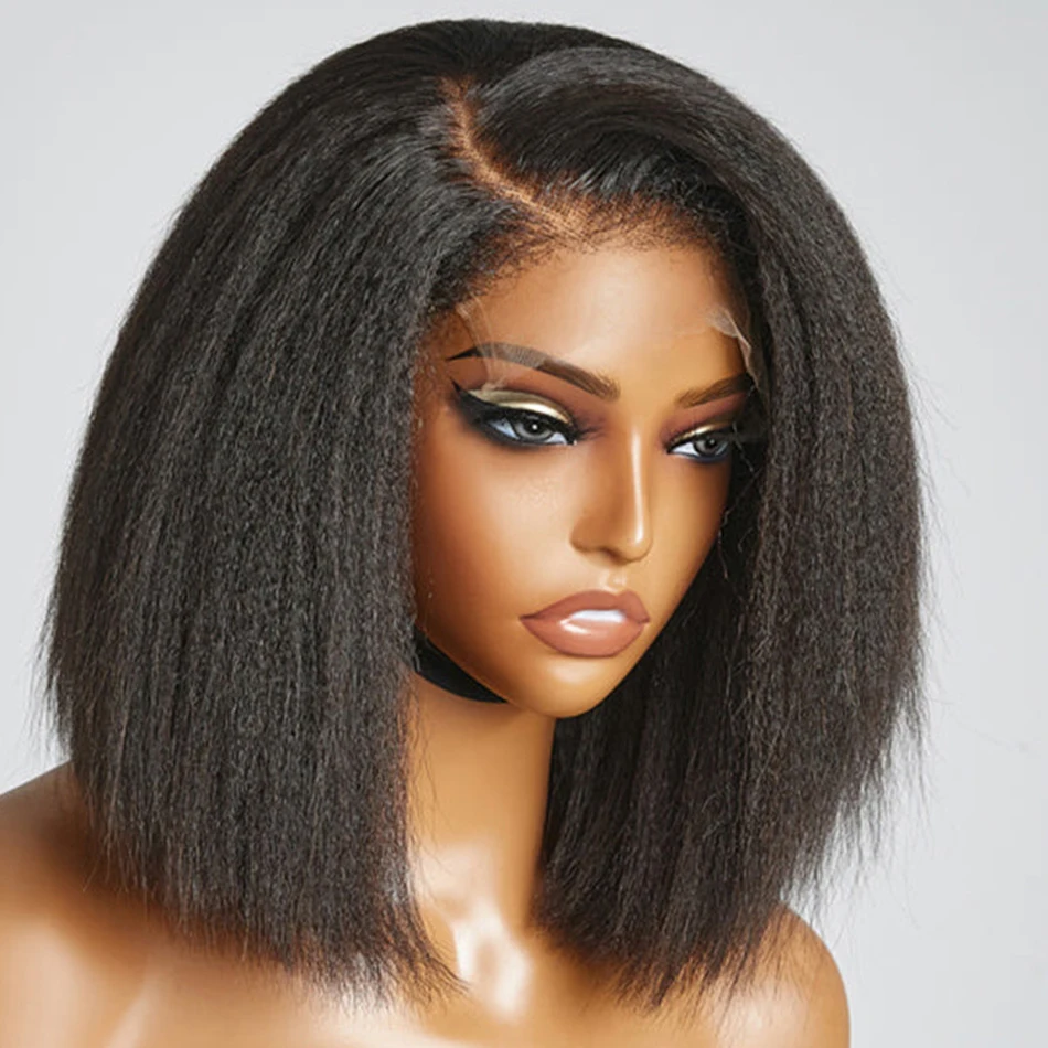 Glueless Kinky Straight Bob Wigs 100% Human Hair 13x4 Lace Front Wig For Women Natural Color 8-14Inch Yaki Straight Bob Ready Go
