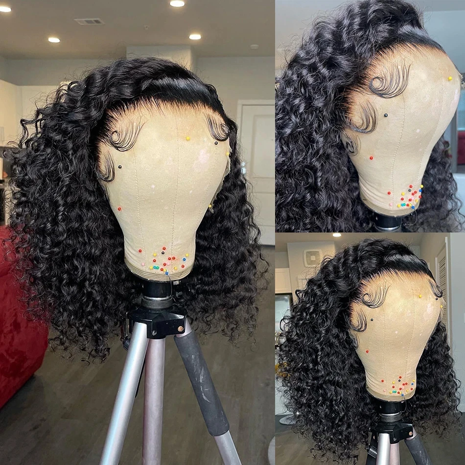 Pelucas Bob corto de onda profunda suelta 13x4, cabello humano 4x4, peluca con malla frontal transparente, 14 pulgadas, 200% de densidad, cabello humano brasileño Remy 100%