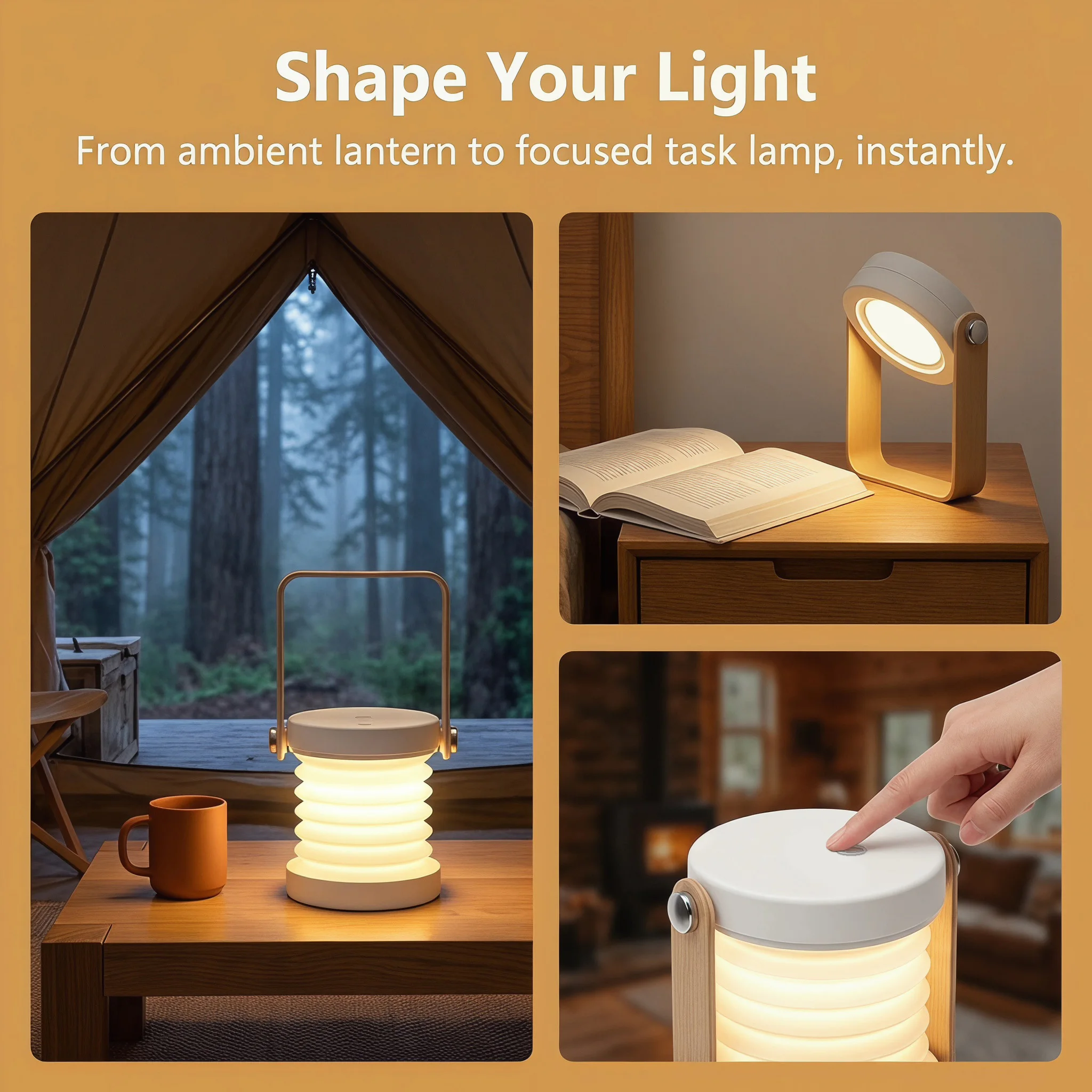 Telescopic Hanging Lantern Table Light, Portable Folding Desk Handheld Lamp, Dimmable Bedside Reading Camping Night Light view 3