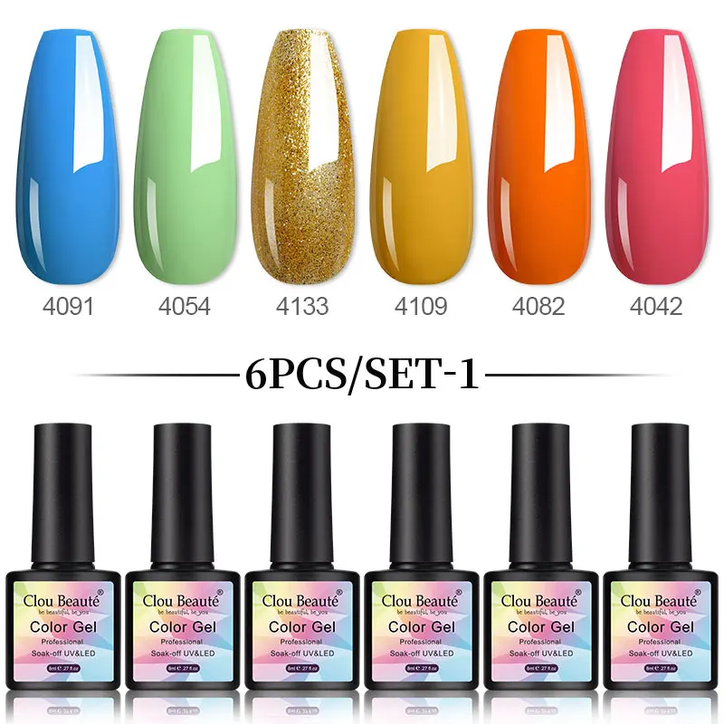 Clou Beaute 6 stks Groothandel Gel Nagellak Set Pure Kleur Nail Kit Glitter Vernis Semi Permanente UV LED Nail Art Base Top Coat