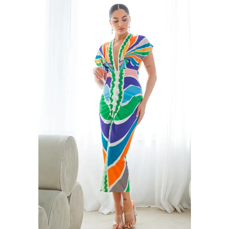 

Folk Digital Printed Women Midi Dress Sleeveless Deep V Neck Elegant Dress 2023 Summer New Fashion Evening Bodycon Vestidos