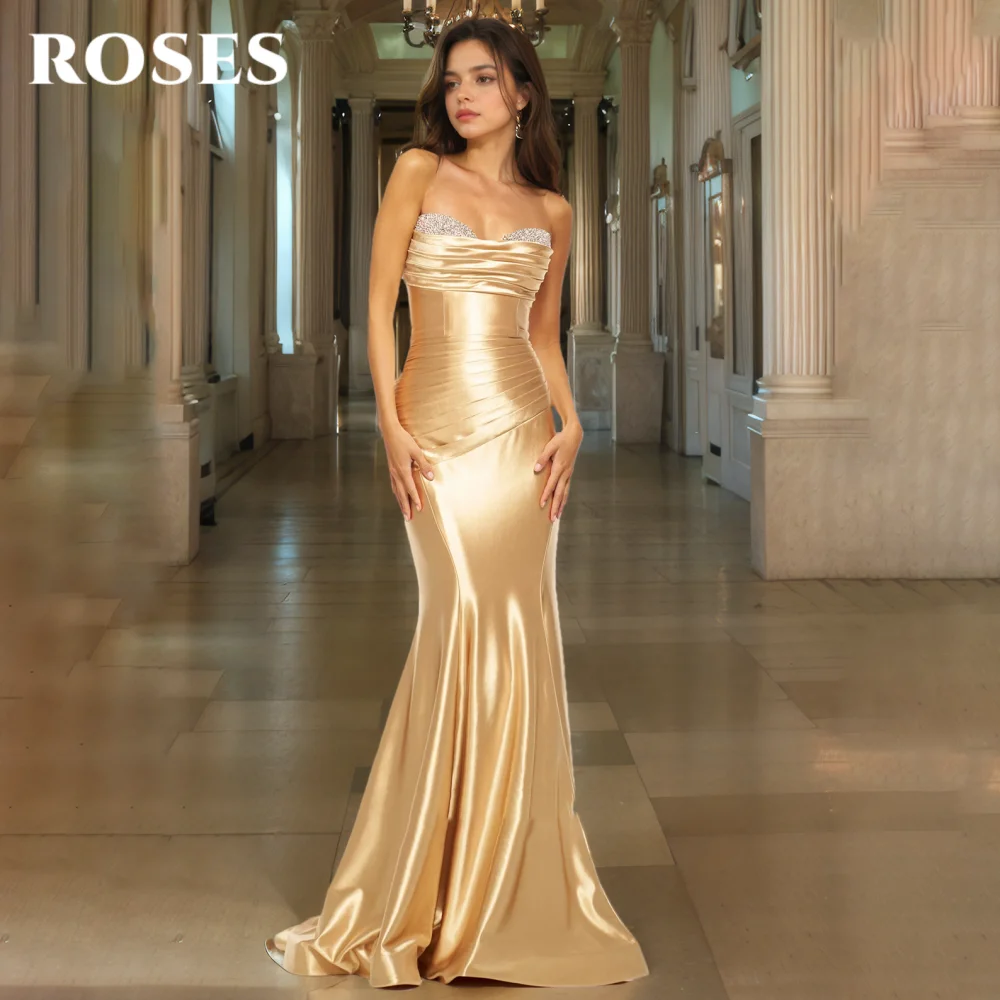 

ROSES Gold Elegant Evening Dress Sweetheart Backless Prom Gown with Beadwork Satin Mermaid Pleat Party Dress 프롬 드레스 Customized