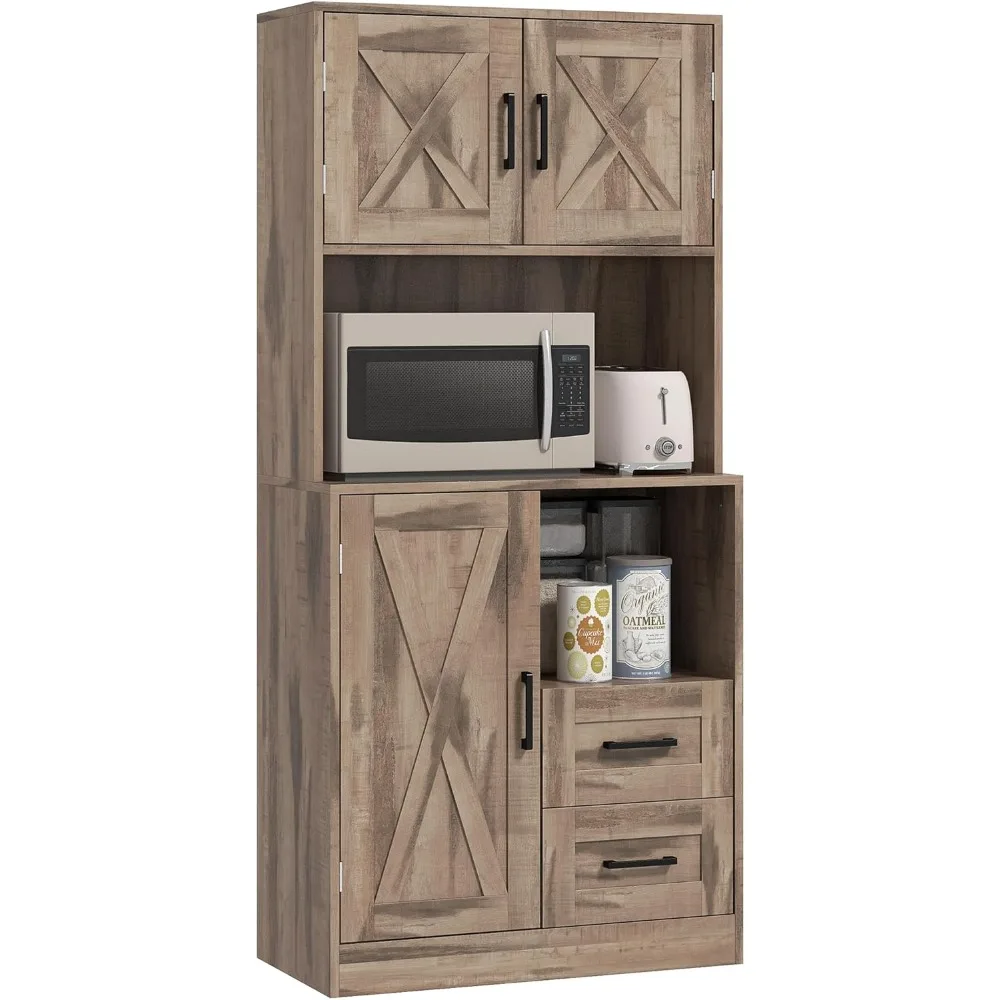 HOMCOM 60 Tall Kitchen Pantry Cabinet, Farmhouse Freestanding Hutch with Microwave Oven Countertop, Kitchen Storage Cabinet with