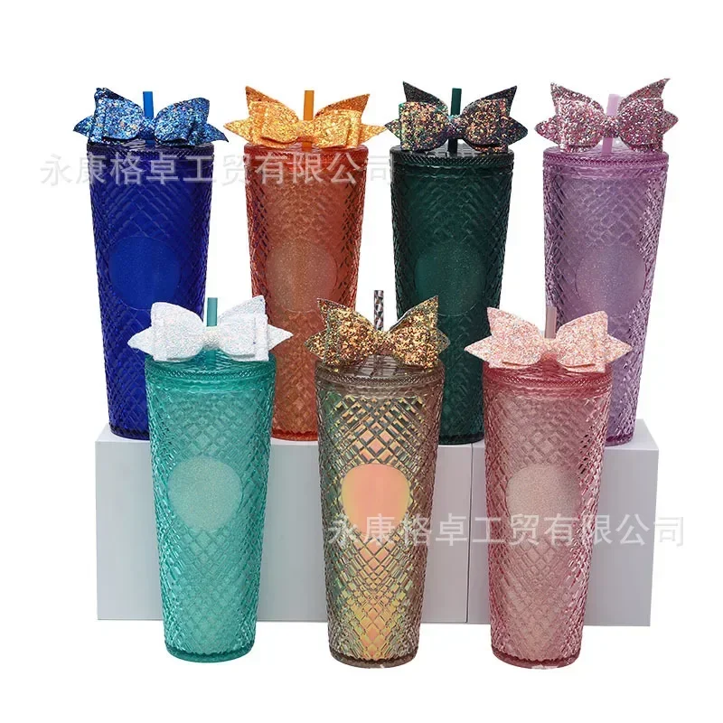 710ml Diamond Radiant Straw Cup with Lid Summer Cold Water Cup Tumbler with Straw Double Layer Plastic Durian Coffee Mug Gourde