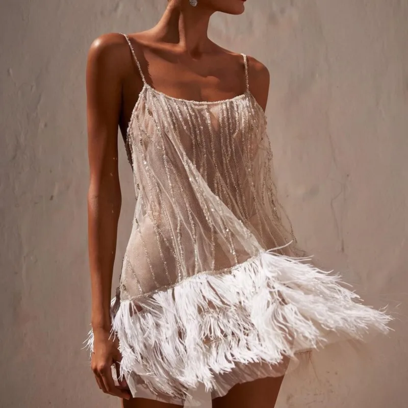 

Women's Elegant Slim Sequined Feather Tassel Mesh Mini Dress Sexy Transparent Backless Spaghetti Strap Evening Party Camis Dress