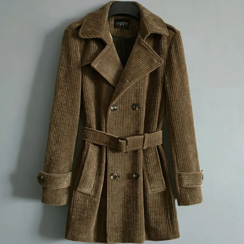 A Retro Corduroy Trench Coat for Men Mid-length Spring Autumn New Double-breasted Jacket Trendy Comfortable Bestseller for Men
