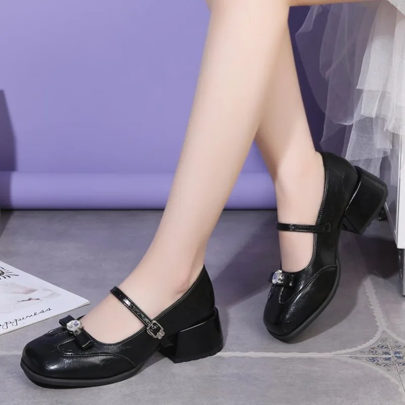 2026 Neue Damenschuhe Mode Gürtelschnallen-Design Kleine Lederschuhe Quadratische Spitze Dicker Absatz Einzelschuhe für Damen – Detail 12