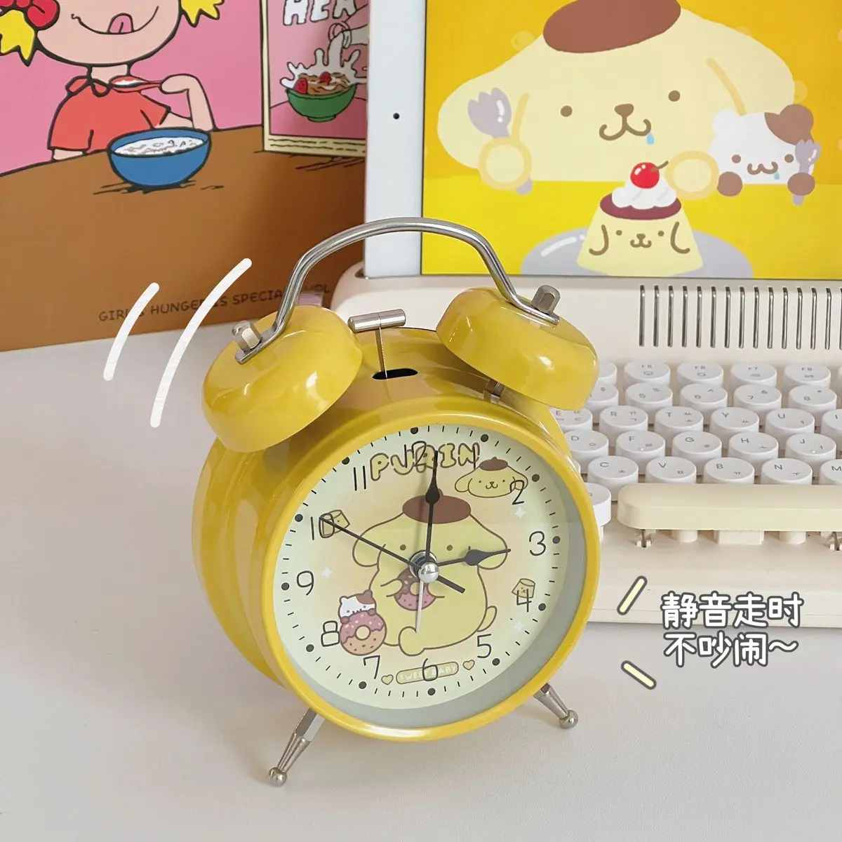 New Sanrio Anime Hello Kitty Kuromi Cinnamoroll My Melody Alarm Clock Kawaii Creative Cartoon Home Metal Bell Table Clock Gift