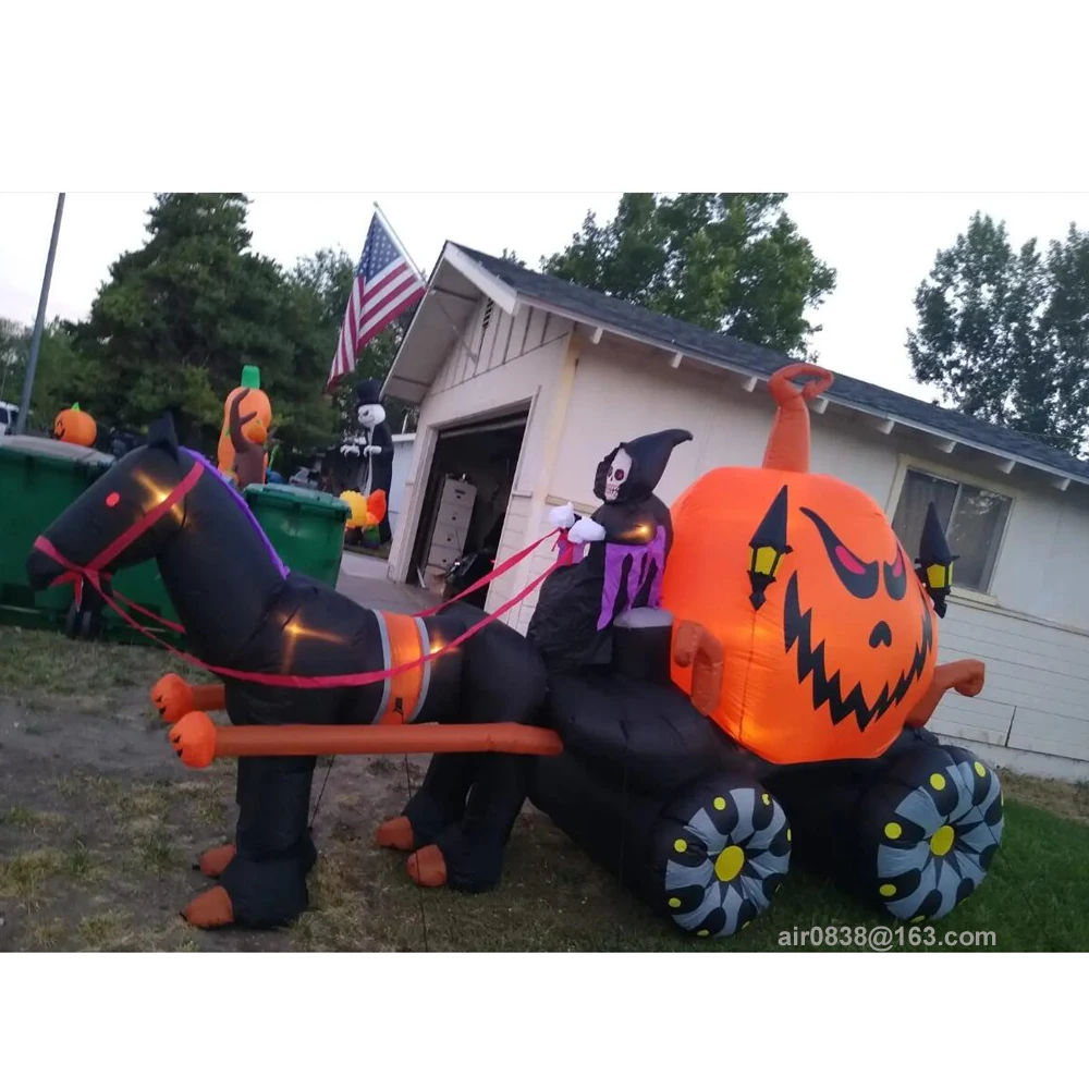 5M Giant Inflatable Grim Reaper Driving Horse Carriage Carry Pumpkin With Led Lights For Outdoor Yard Lawn Halloween Decoration