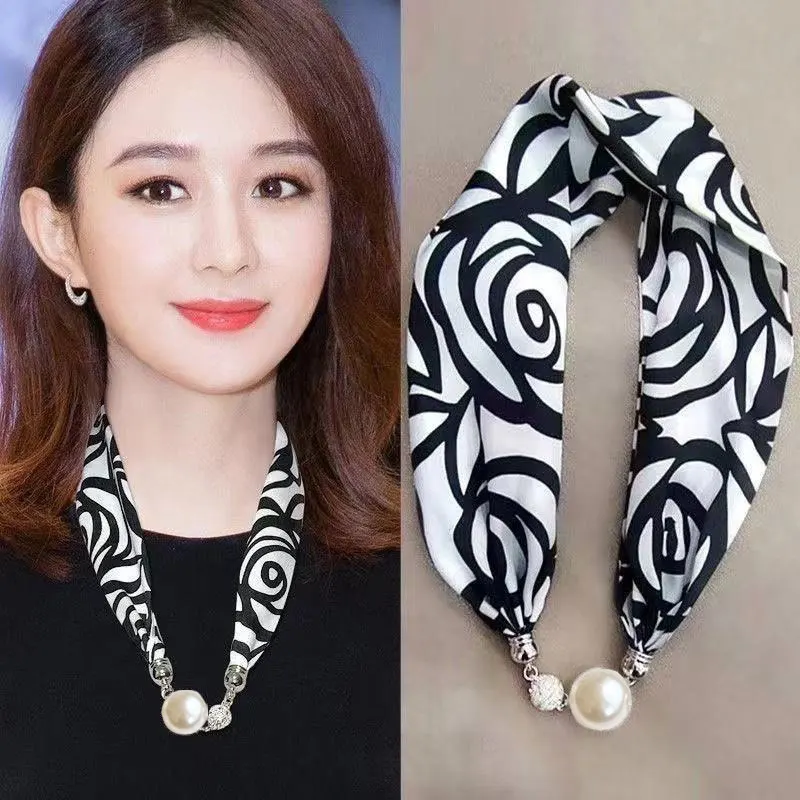 Magnetic Button Print Silk Scarf Necklace Neck Ties Multi-function Neckerchief Neckties Scarf