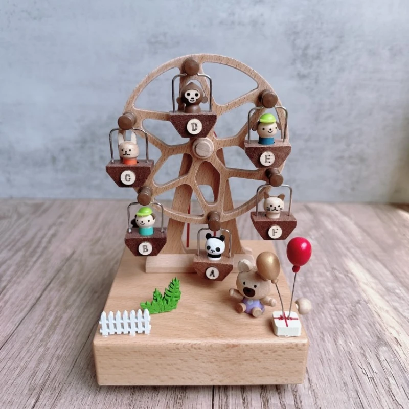 Cute Quality Made Wooden Musical Box Featuring Ferris Wheel with Small Swinging  | Holiday Birthday Gift Ornament | Square Base