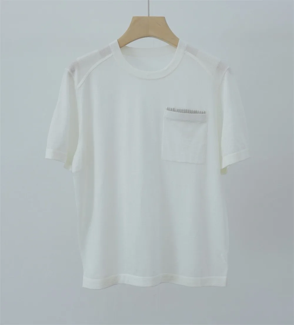 

25 Summer New Knitted Wool Women's Pocket Bead Chain Short sleeved T-shirt