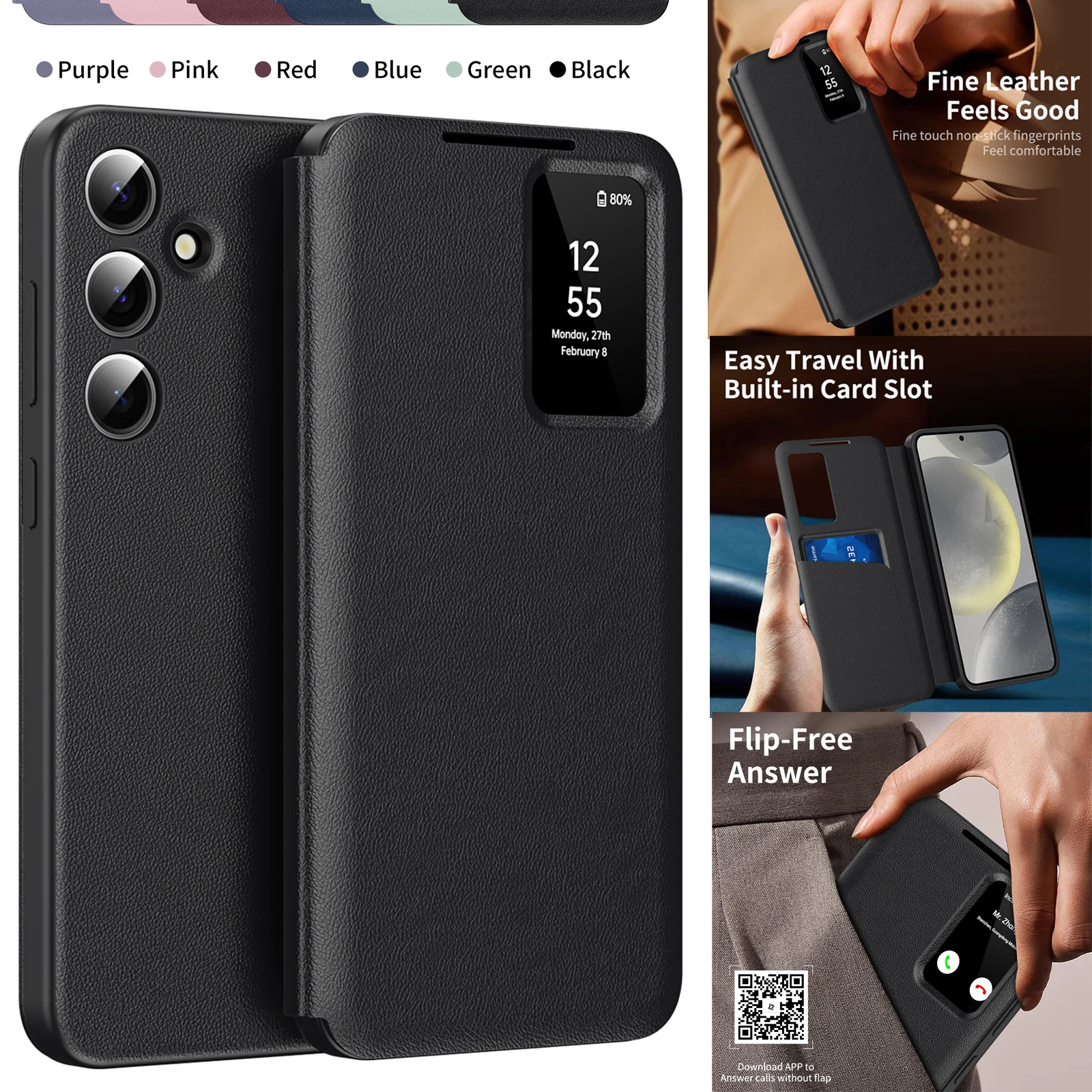 Capa Flip de Couro Premium Original para Cartões com Janela Transparente para Samsung A57 A37 A17 A56 com Função de Despertar/Dormir