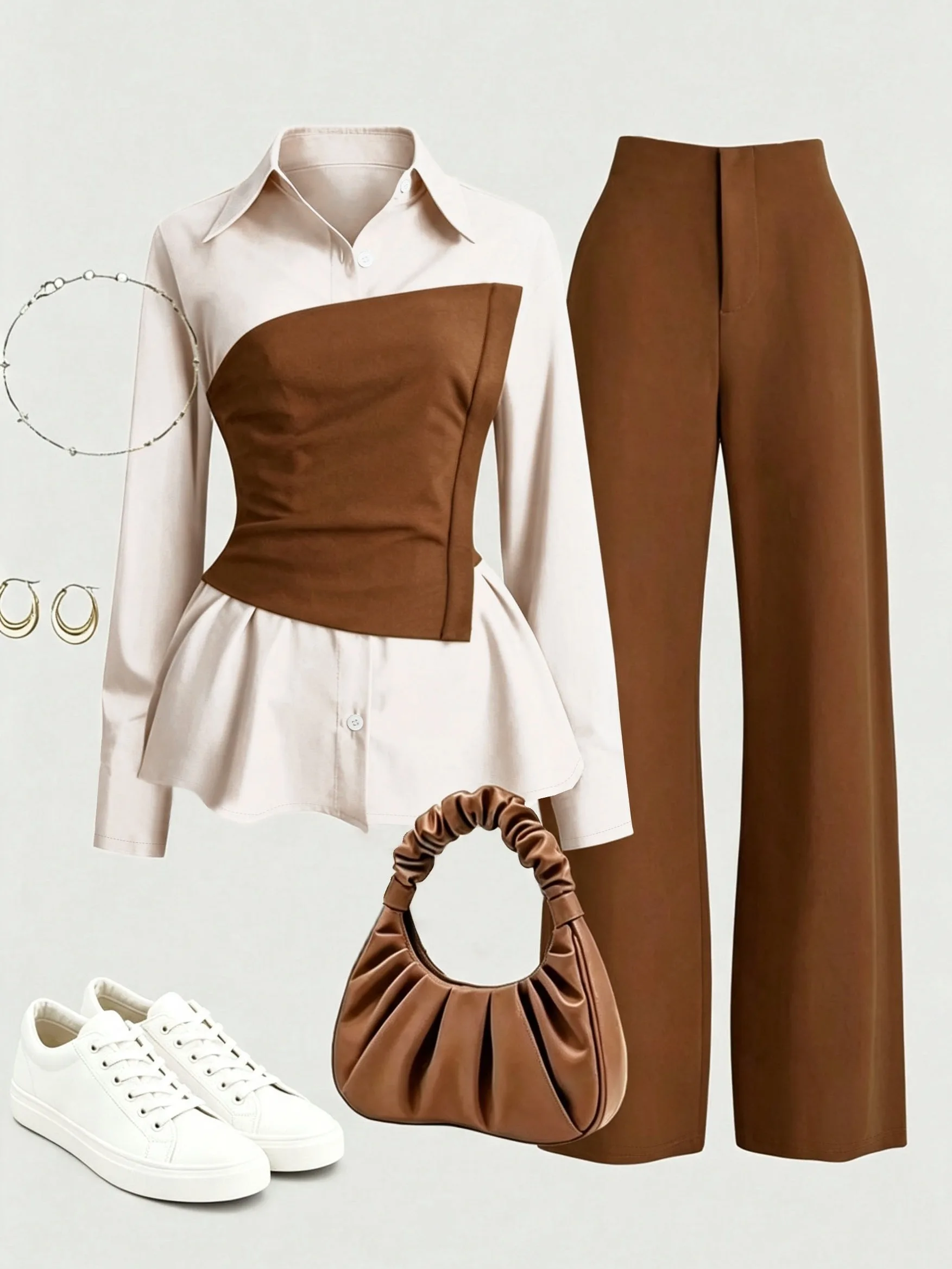 This stylish two-piece set for girls features a color-blocked long-sleeved shirt paired with high-waisted wide-leg pants, perfec