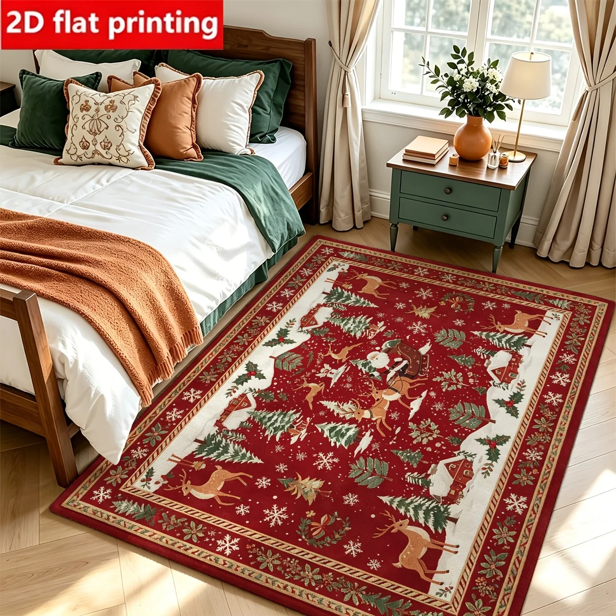 1pc 2D Flat Santa Sleigh Reindeer Christmas Printed Floor Mat, Decorative Rug for Living Room, Bedroom, Home