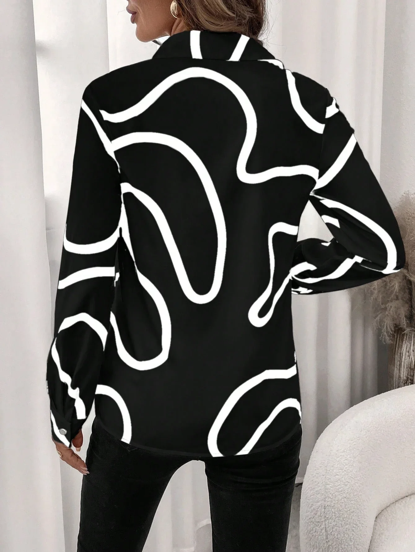 

Women's Black White Abstract Print Button Front Shirt Casual Elegant Long Sleeve