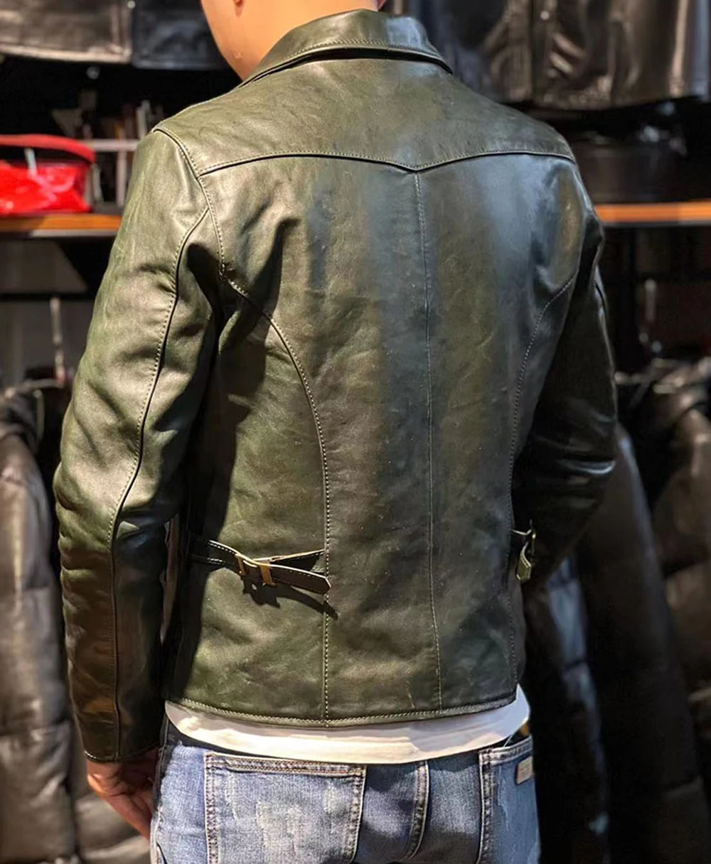 High Quality Original Horseskin Leather Jacket Coats Genuine Leather Horsehide Biker Men\'s Coat Vintage Green Color Topcoat