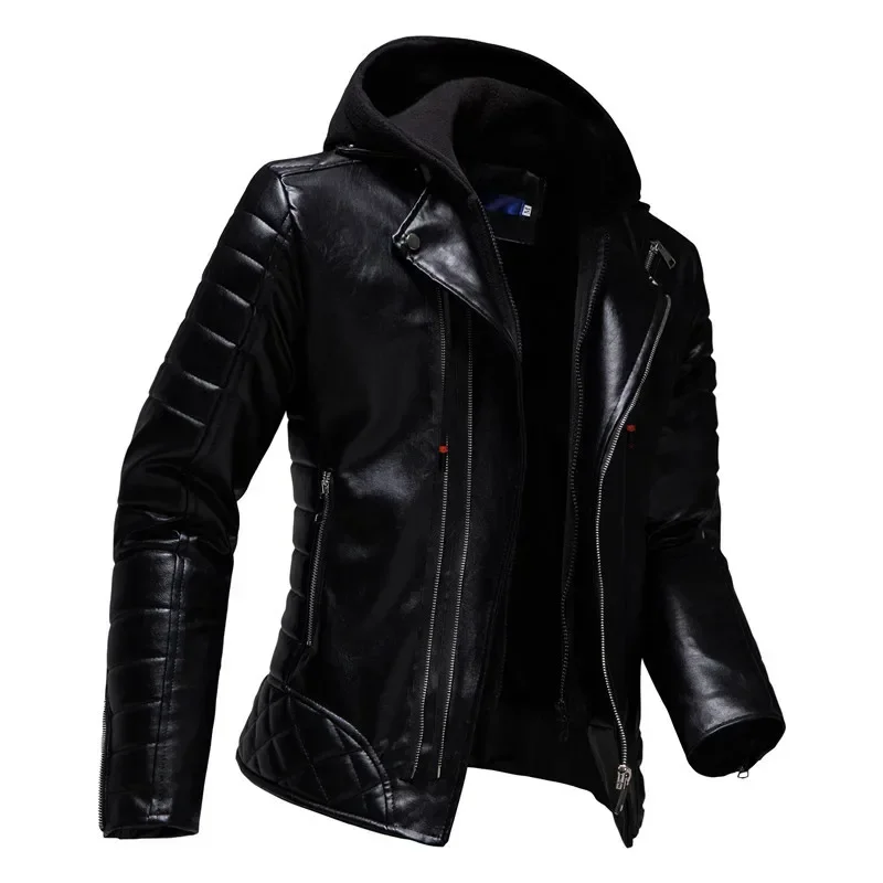 2022 Fashion Red Jacket Men \'s PU Leather Hooded Jacket Personality Motorcycle Jacket Large Size Fashion Men\' S Clothing