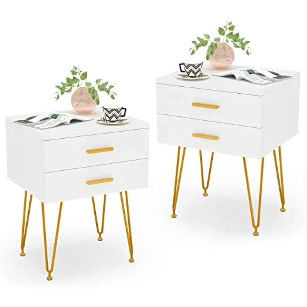 

2-Drawer Nightstand Set of 2, White and Gold Bed Side Table with Metal Legs for Bedroom