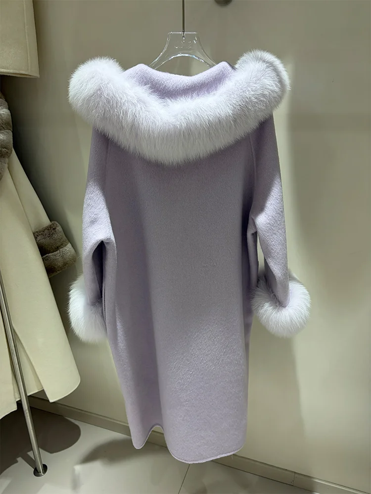 Winter Women Woolen Long Coat Natural Fox Fur Trim Collar & Cuffs Lavender Purple Female Loose Fashion Outer Jacket