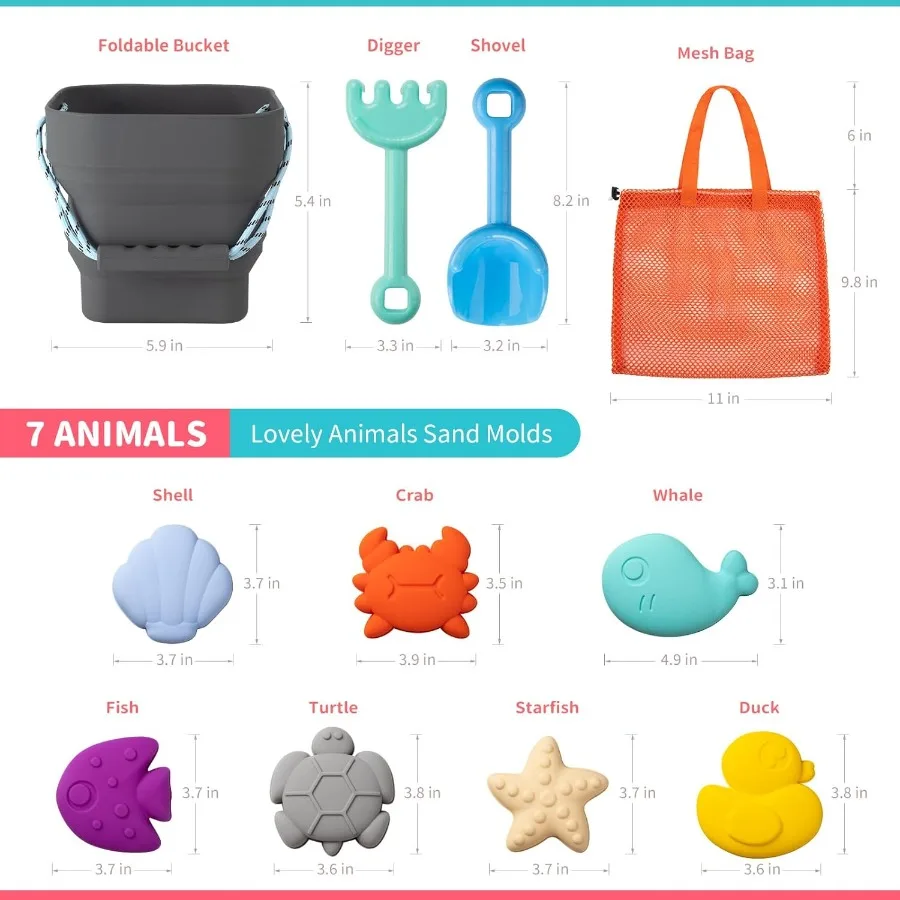Jouets de plage en Silicone pour bébé, ensemble de plage moderne pour voyage, seau, pelle, 7 moules à sable, sac, jouets de sable pour tout-petits, 11 pièces, gris foncé
