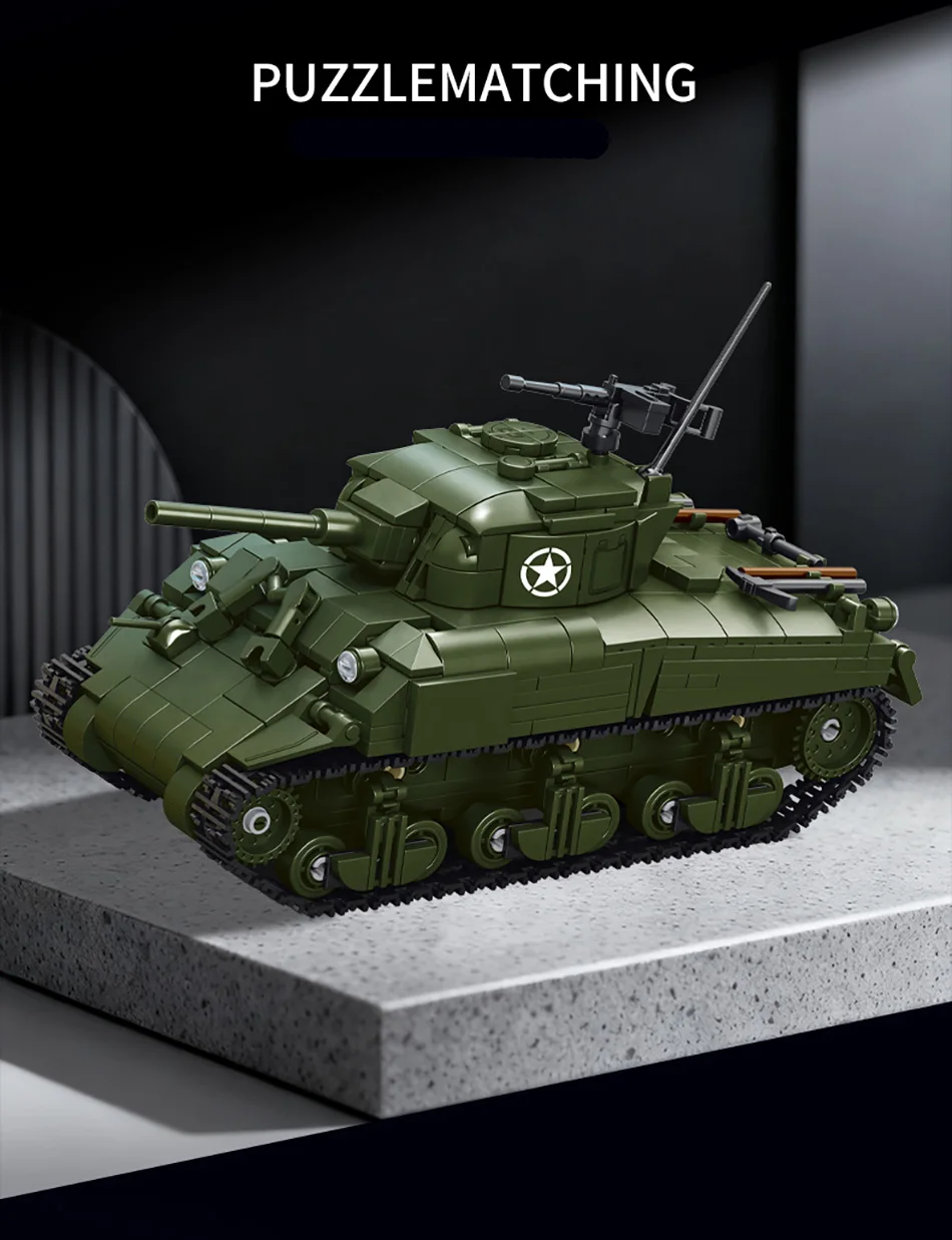 World Military War Ⅱ Sherman M4A1 Medium Tank Building Blocks Set MOC USA M4 Main Battle Tank Bricks Toys For Adult Gifts