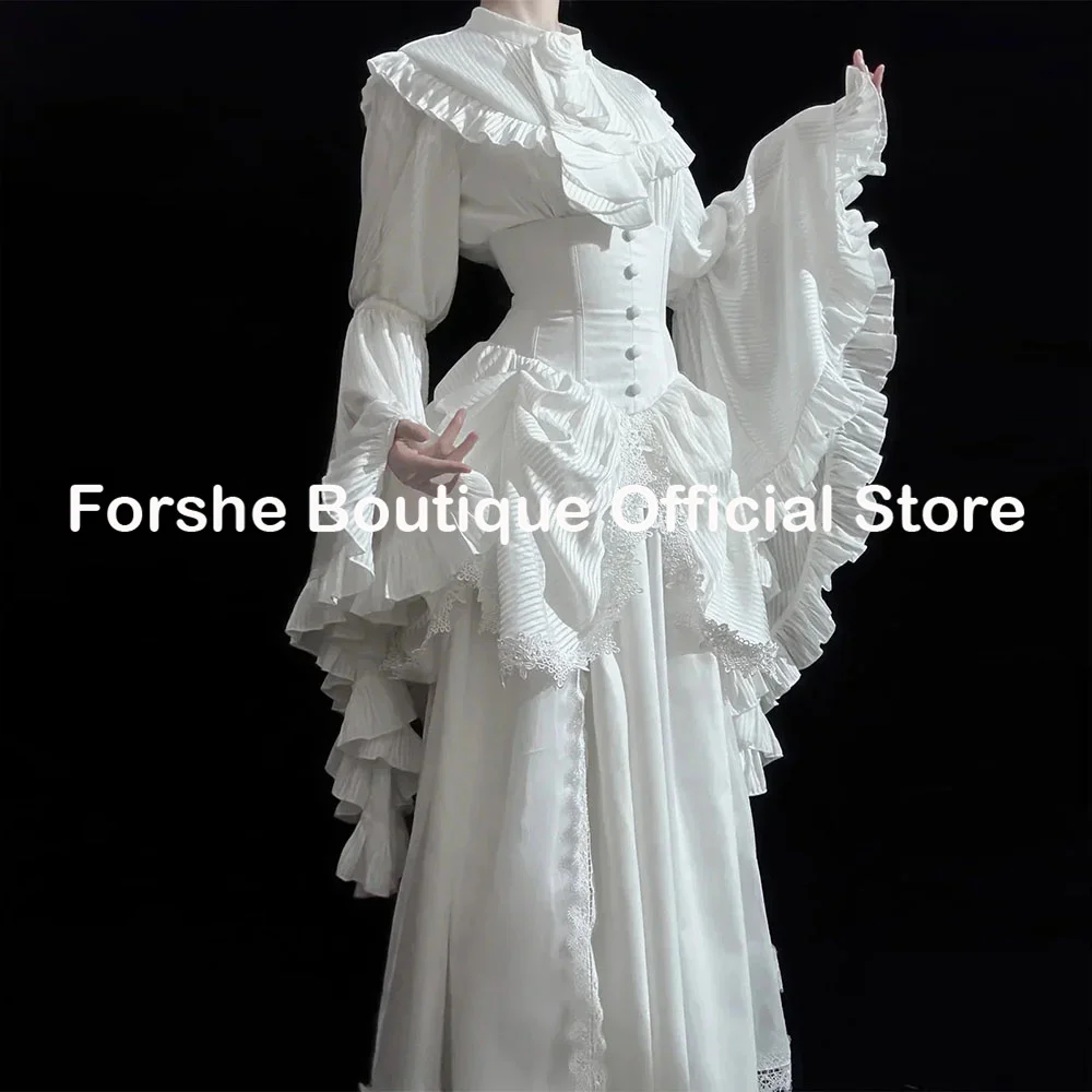 Customized White Victorian Wedding Dress High Neck Ruffles Long Sleeves with Veil Elegant Bridal Gown