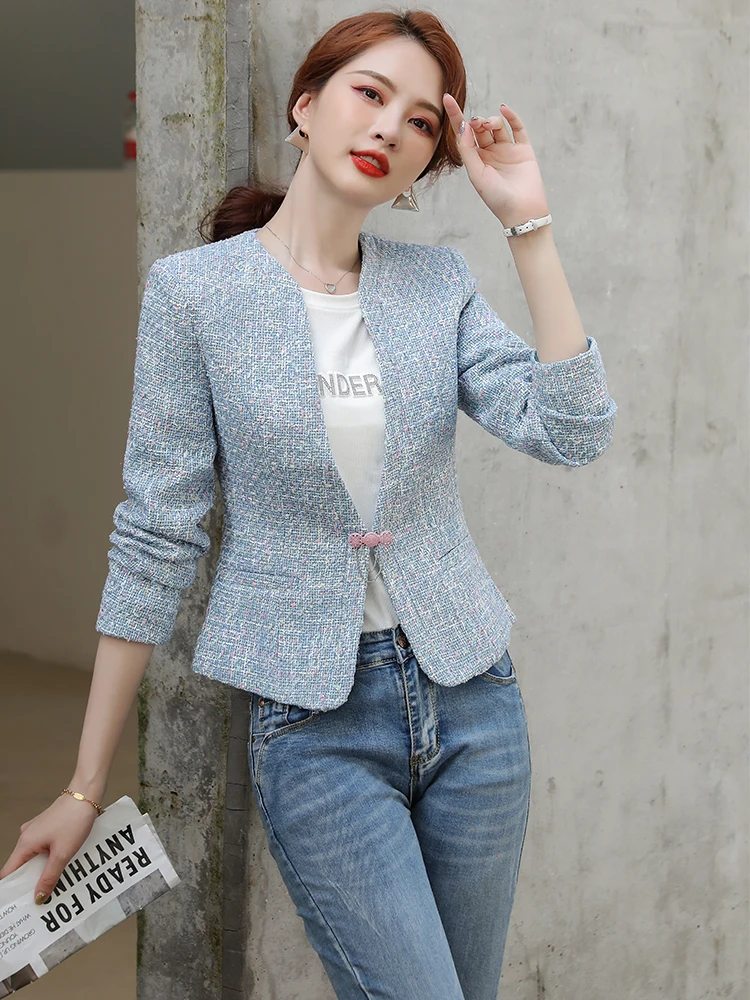 Elegant Pink Blue Plaid Ladies Blazer Women Female Long Sleeve V-Neck Slim Casual Jacket Coat For Spring Autumn