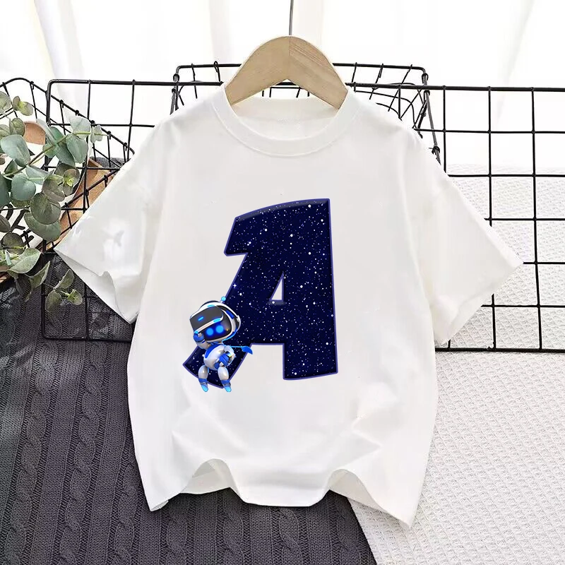 Astro Bot Kids T-shirts Anime Robot Figures Printed Letter Tees Game Short Sleeves Summer Tops Boys Girls Children Clothing Gift