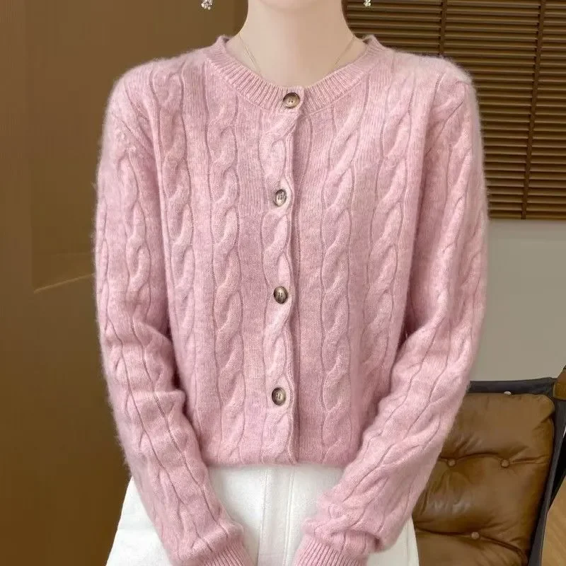 

Базовая рубашка, новинка 2025 года, свитер для женщин, свободный модный универсальный кардиган с круглым вырезом и закрученной нитью