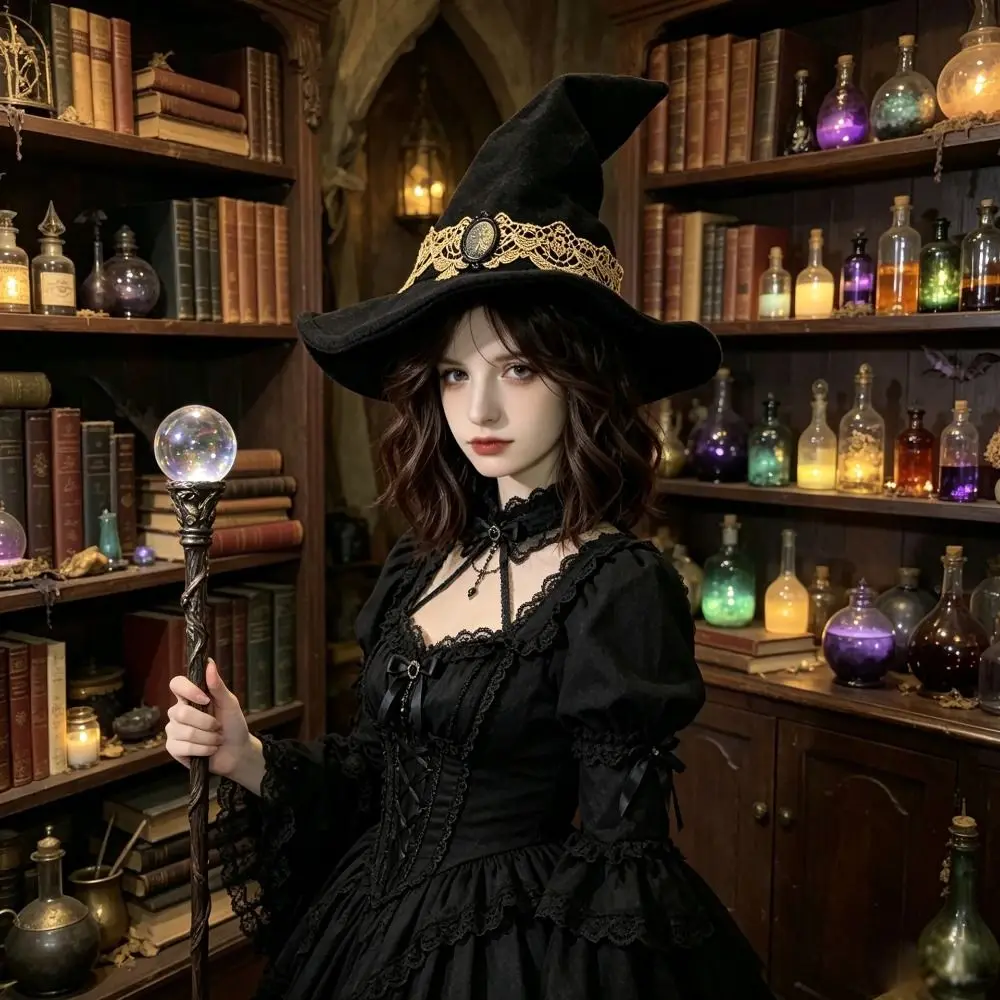 Vintage Lace Witch Hat Lace Trim Elegant Black Wizard Hat Tree Of Life Badge Victorian Style Gothic Witch Hat Halloween Event