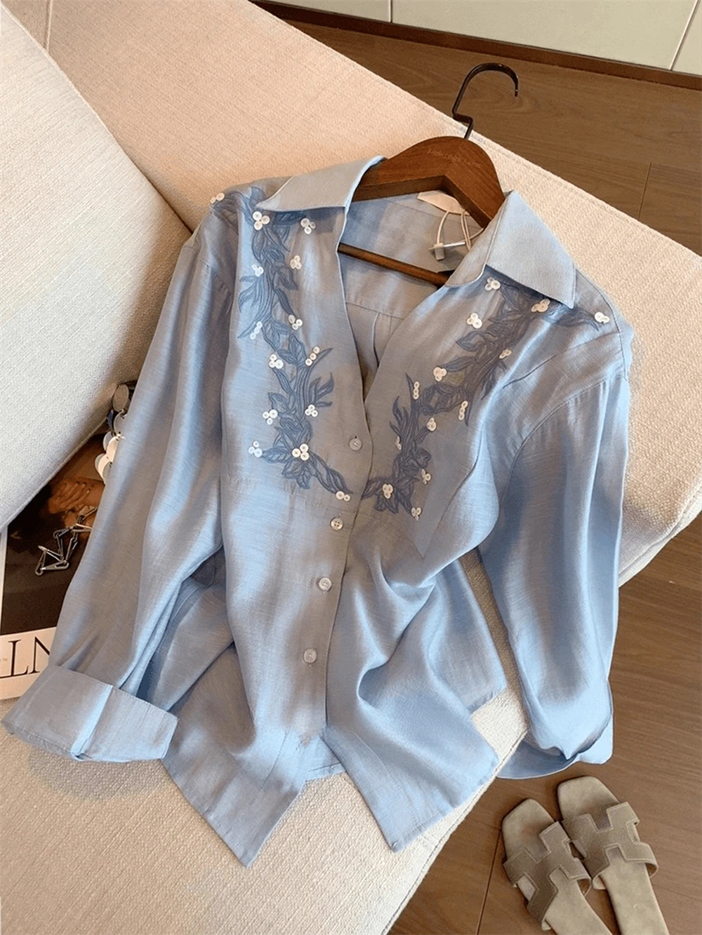 

Ele Heavy Embroidery Long Sve irt Loose Fit Thin Sle for Men And Women Faionable Autumn Season Versatile Casual ...