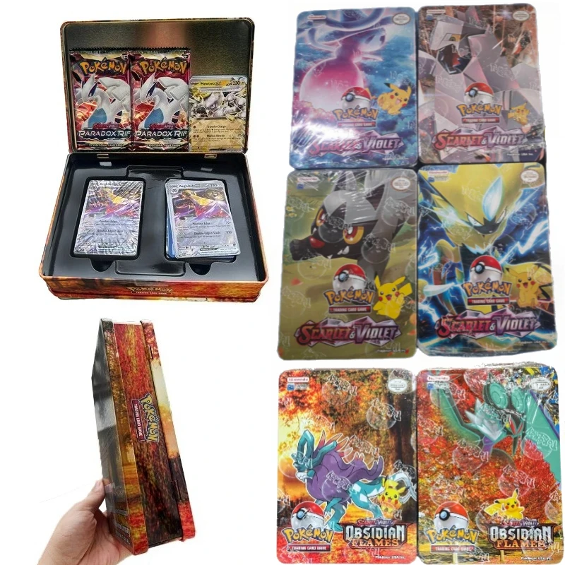 English 41/48/68/118/210 PCS Iron Metal Box Pokemon Trading Game Card Pokémon SCARLET VIOLET Pokemon Booster Playing Cards Toy