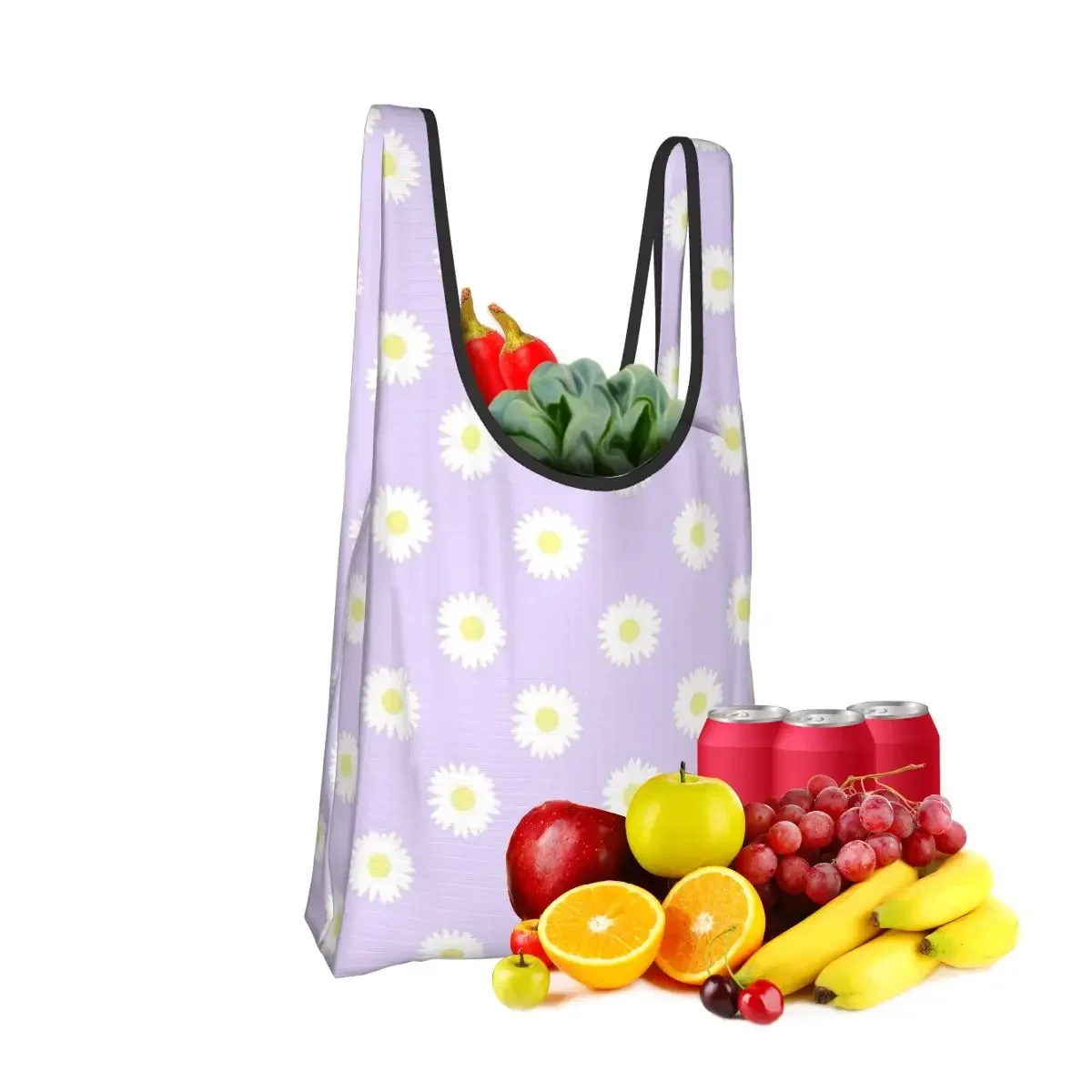 Daisy Purple Pastel Aesthetic Cute Daisies Flower Cottagecore Portable Tote Foldable Shopper Bag Groceries Handbag Shoulder Bag
