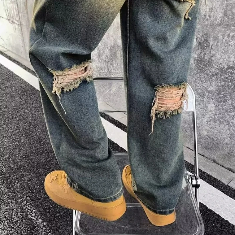 

Мужские джинсы прямые ретро модные с дырками для подростков весна осень лоскутная звезда винтажные асимметричные американский стиль High Street Ins